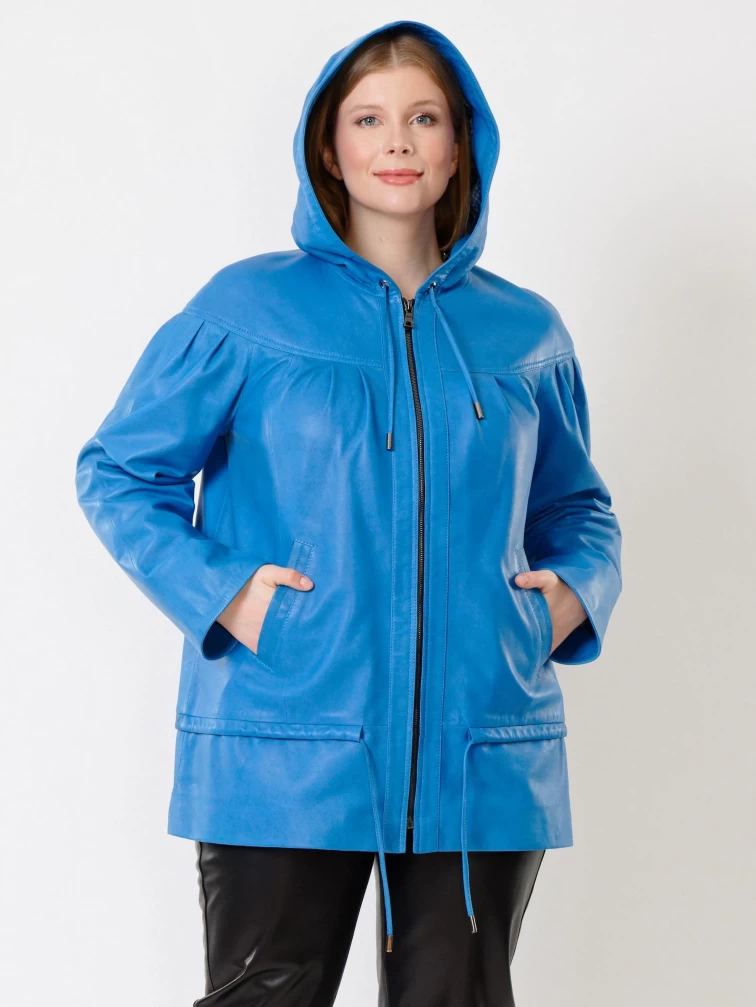 Кожаный комплект женский: Куртка 303у + Брюки 04, голубой/черный, размер 48, артикул 111201-4