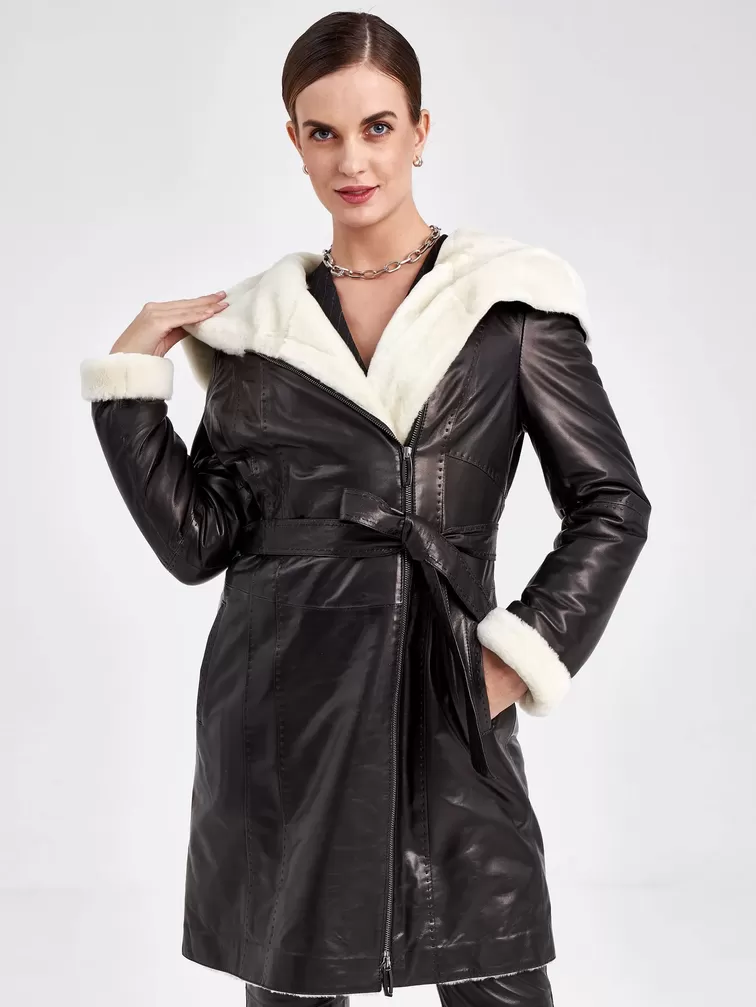 Кожаное пальто зимнее женское 394мех, с капюшоном, черное / белое, р. 50, арт. 91880-6