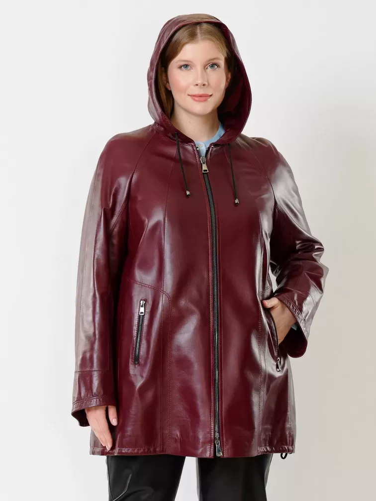 Кожаная куртка женская 383, с капюшоном, бордовая, р. 50, арт. 91301-0