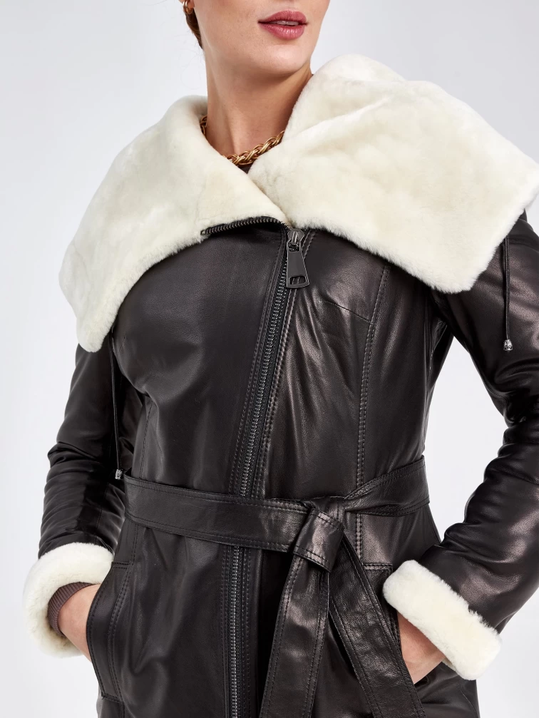Кожаное пальто зимнее женское 390мех, с капюшоном, черно-белое, р. 50, арт. 91810-4