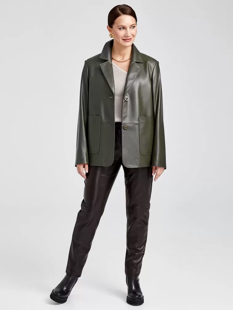 Кожаный пиджак женский 3016, оливковый, р. 46, арт. 91630-1