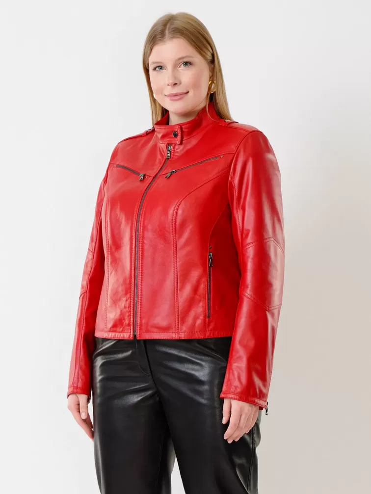 Кожаный комплект: Куртка женская 399 + Брюки женские 04, красный/черный, р. 46, арт. 111229-3