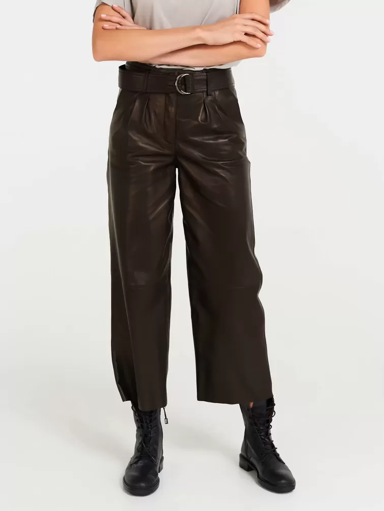 Кожаные укороченные брюки женские 05, из натуральной кожи, черные, р. 42, арт. 85090-1