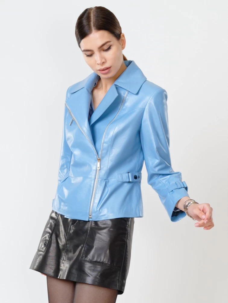 Кожаный комплект женский: Куртка 307 + Юбка 03, голубой перламутр/черный, р. 44, арт. 111216-3
