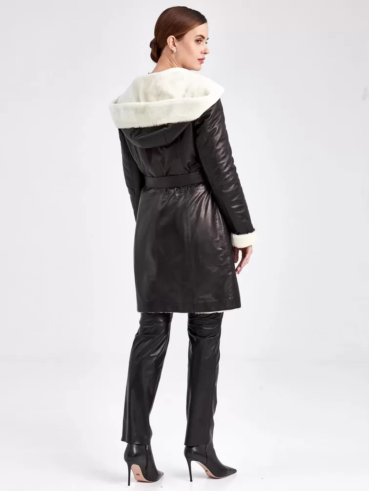 Кожаное пальто зимнее женское 394мех, с капюшоном, черное / белое, р. 46, арт. 91880-2