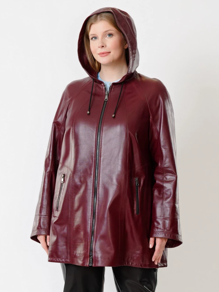 Кожаный комплект женский: Куртка 383 + Брюки 04, бордовый/черный, размер 48, артикул 111178-4