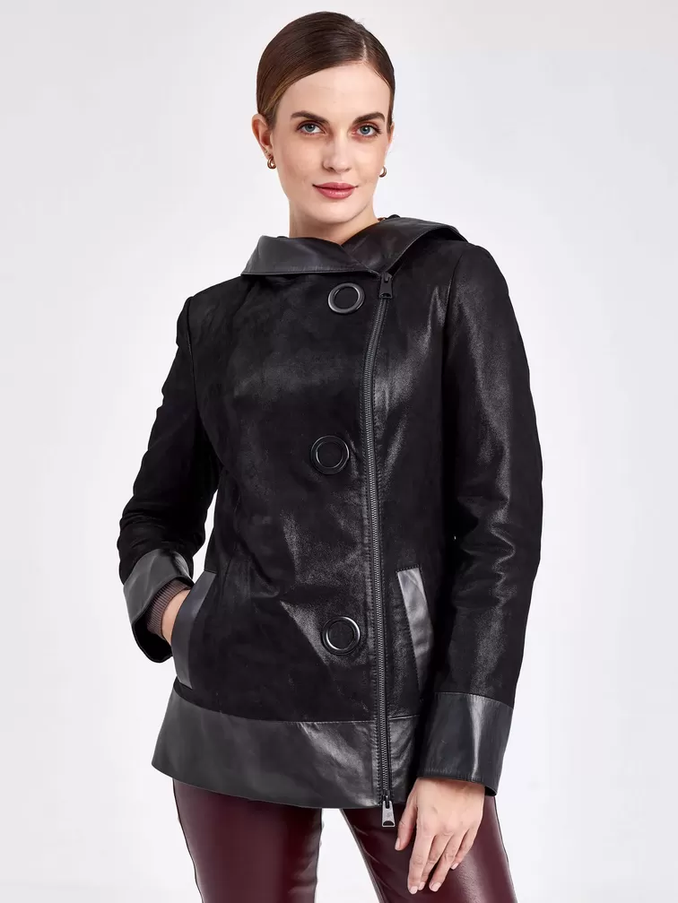 Кожаная куртка женская 333н, с капюшоном, черная, р. 46, арт. 23050-2