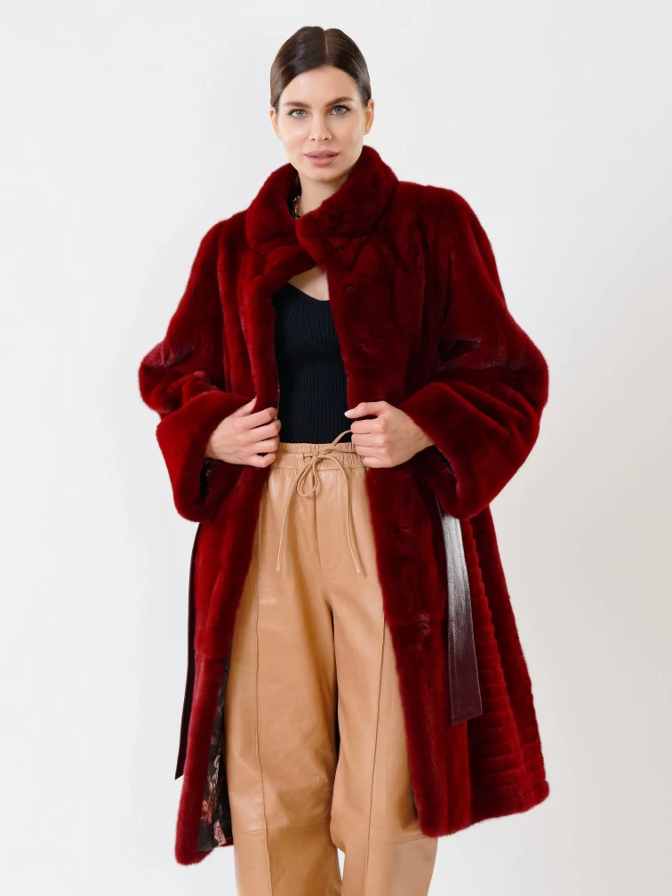 Пальто из меха норки женское 2826, с кожаным поясом, бордовое, р. 46, арт. 32690-5