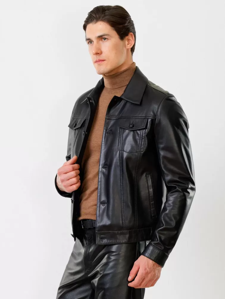 Кожаная куртка мужская 550, на пуговицах, черная, р. 48, арт.  28750-1