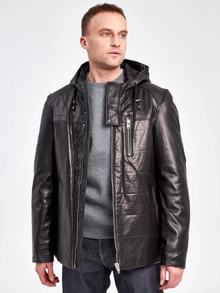 Кожаная куртка мужская 5488, с капюшоном, черная, р. 52 , арт. 41020-6
