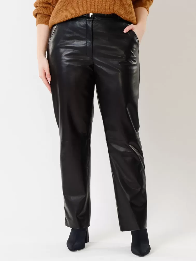 Кожаные прямые брюки женские 04, из натуральной кожи, черные, р. 60, арт.  85390-5