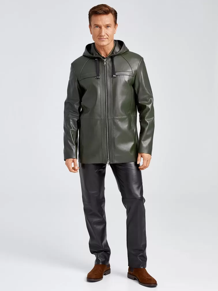 Кожаная куртка премиум класса мужская 552, с капюшоном, оливковая, р. 48, арт. 28892-3
