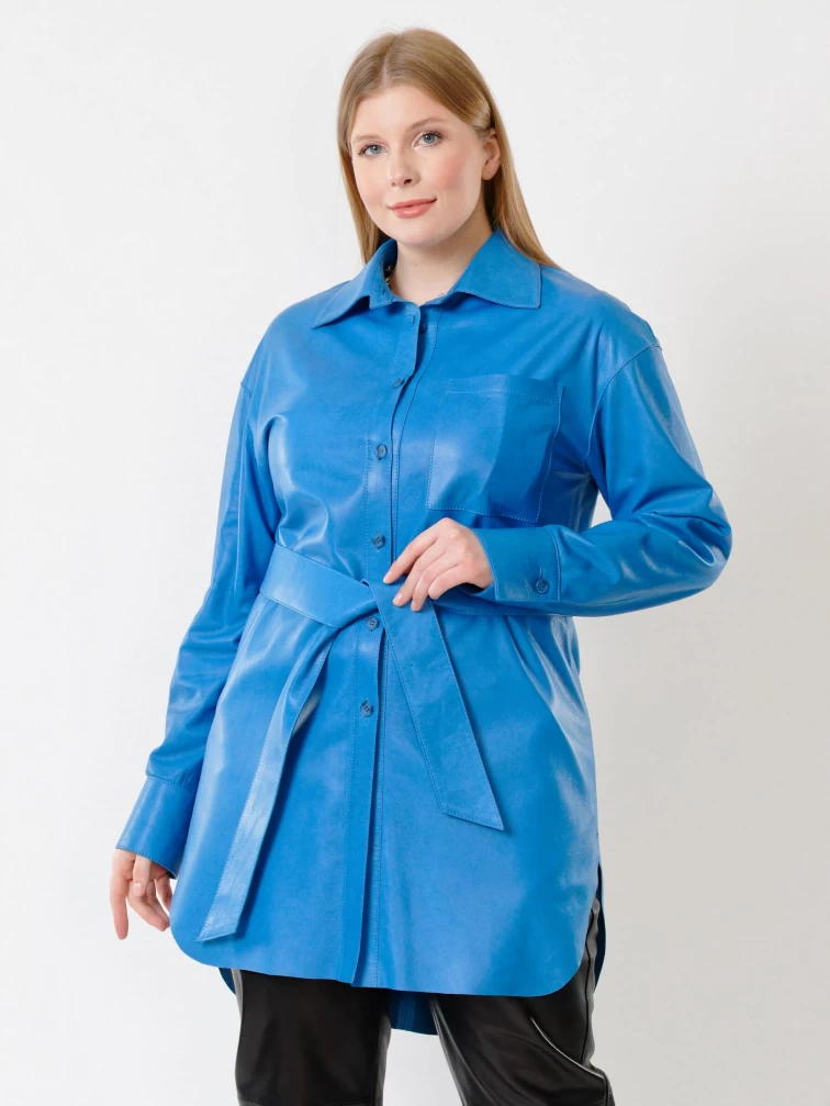 Кожаная рубашка женская 01_2, с поясом, из натуральной кожи, голубая, р. 46, арт. 91412-2