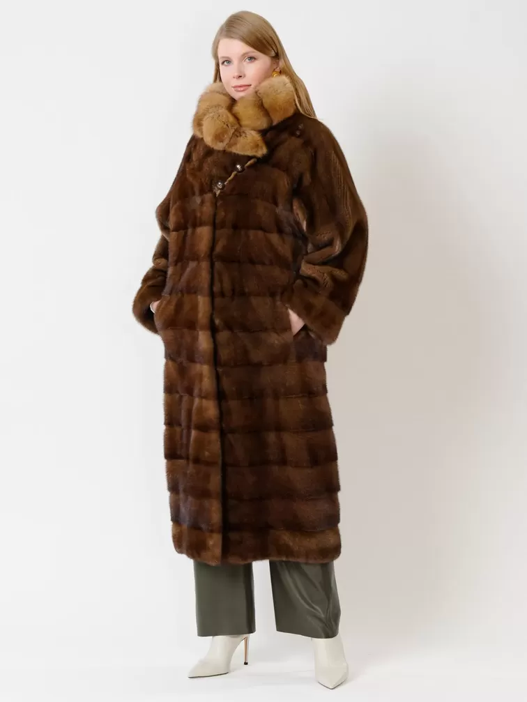 Пальто из меха норки с соболем женское 1150в, длинное, коричневое, арт. 32750-2