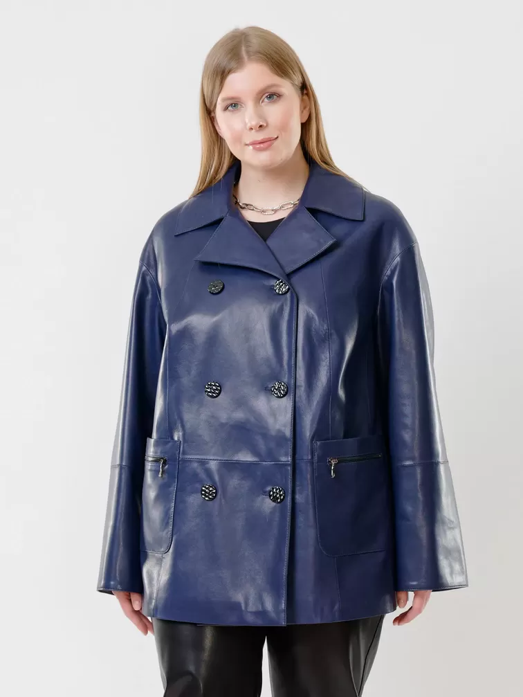 Кожаная двубортная куртка женская 3002, синяя, р. 58, арт. 91420-0