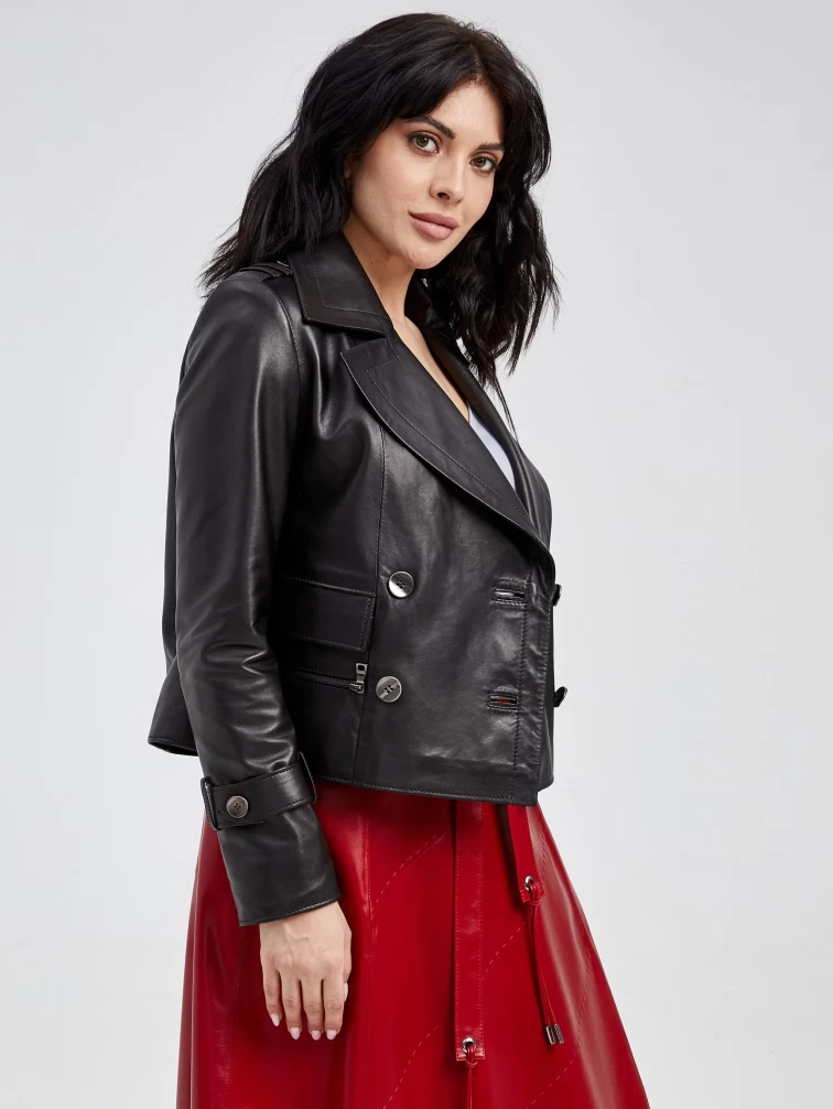 Двубортный кожаный женский пиджак 3014, черный, размер 48, артикул 91571-1