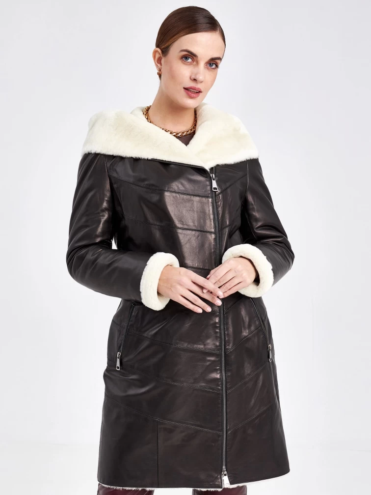 Кожаное пальто зимнее женское 391мех, с капюшоном, черно-белое, р. 46, арт. 91830-0