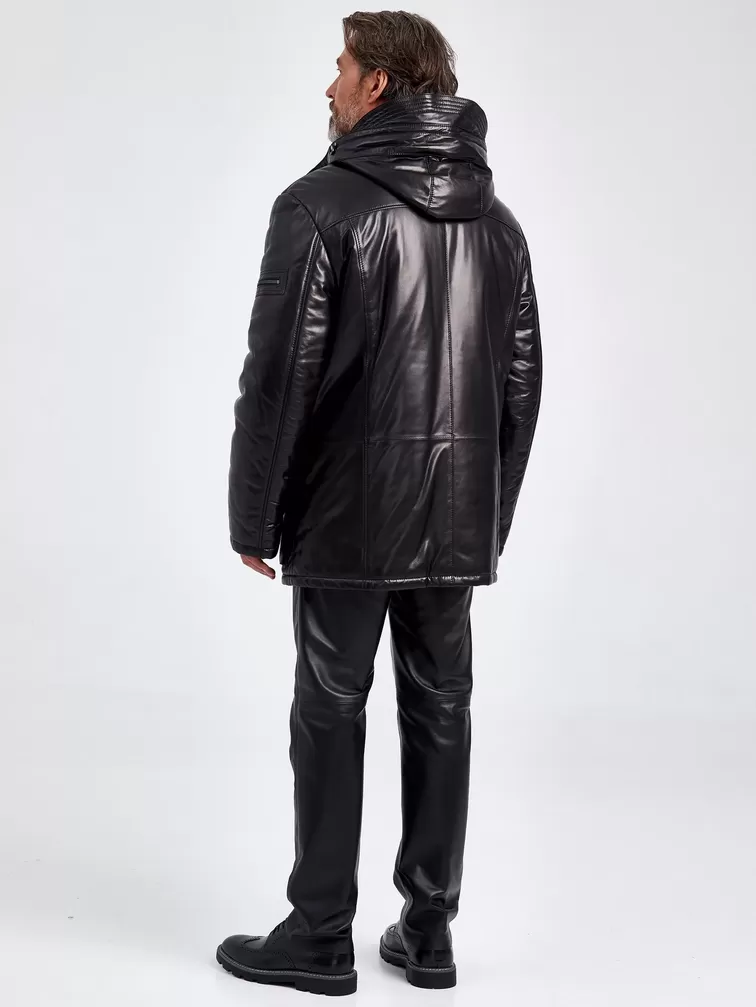 Кожаная куртка утепленная мужская 513, с капюшоном, черная, p. 56, арт. 29100-2