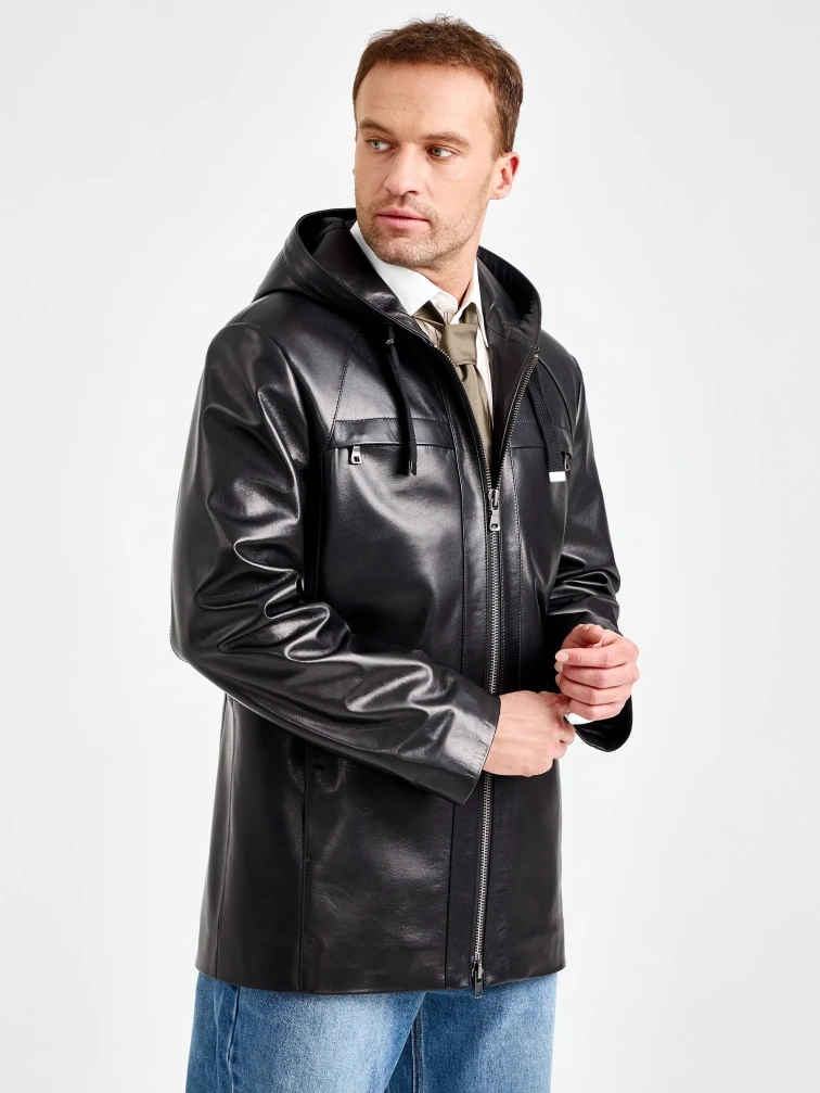 Мужская черная кожаная куртка с капюшоном премиум класса 552, размер 48, артикул 29840-1