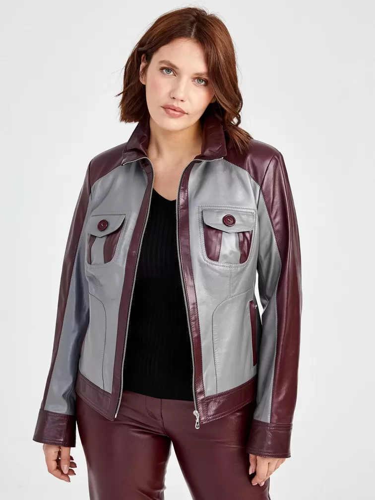 Кожаный комплект: Куртка женская 341 + Брюки женские 02, серый/бордовый, р. 42, арт. 111170-5