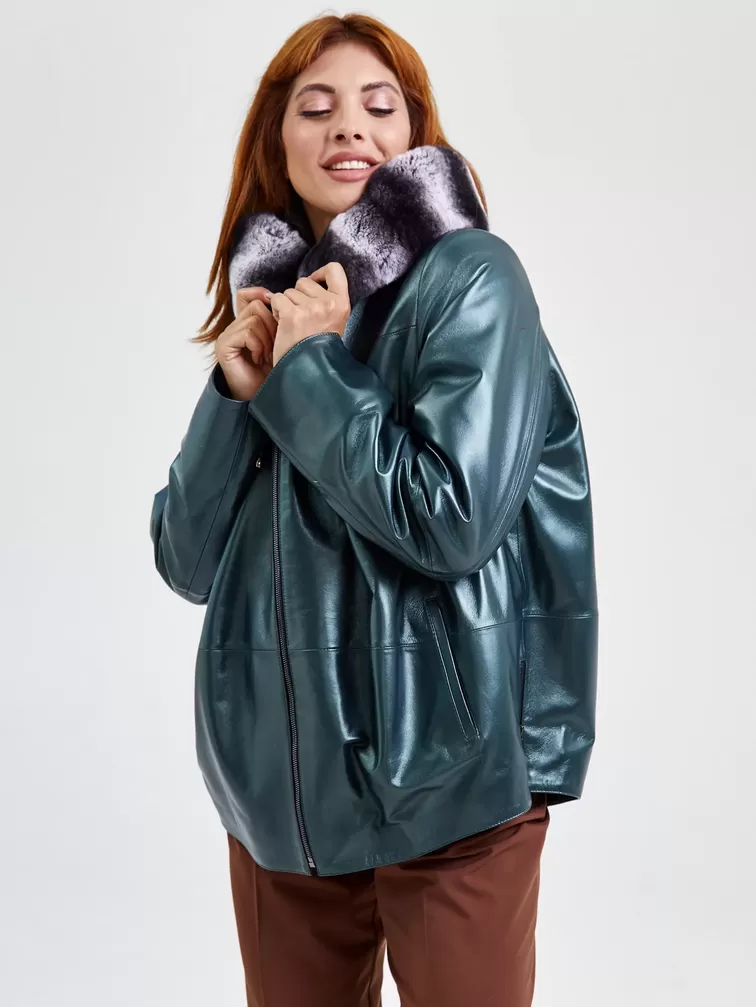 Кожаная утепленная куртка женская 308уш, с капюшоном, с мехом "рекса", зеленый, р. 48, арт. 91751-6
