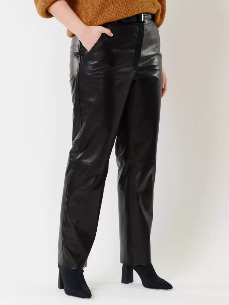 Кожаные прямые брюки женские 04, из натуральной кожи, черные, р. 56, арт. 85390-1