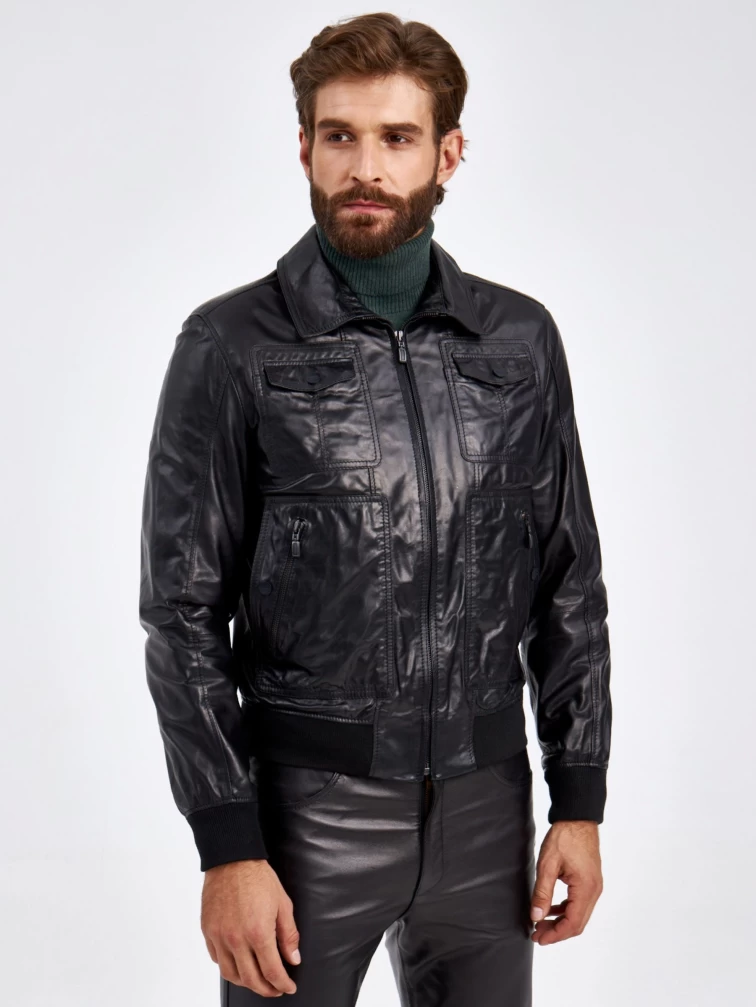 Кожаная куртка бомбер мужская 2010-16, черная, размер 50, артикул 29350-6