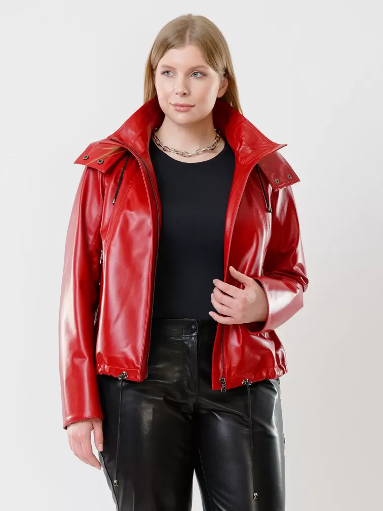 Кожаная куртка женская 305, с капюшоном, красная, р. 48, арт. 91440-1