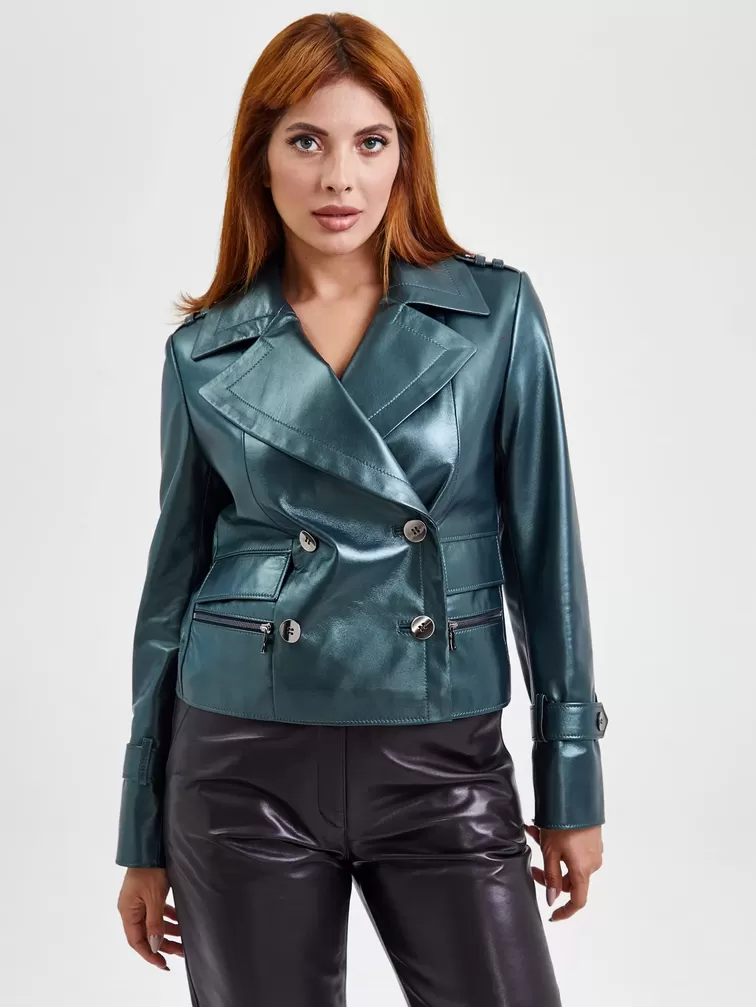 Кожаный комплект: Куртка женская 3014 + Брюки женские 03, изумрудный/черный, р. 46, арт. 111182-4