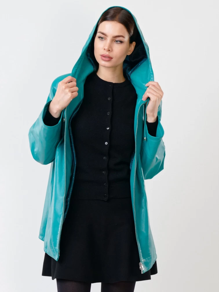Кожаная женская куртка оверсайз с капюшоном 383, бирюзовая, размер 52, артикул 90740-5