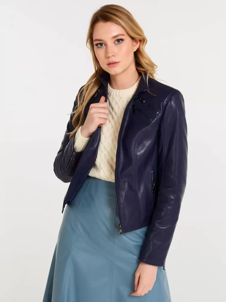 Кожаный комплект женский: Куртка 3004 + Юбка 01рс, синий/голубой, р. 44, арт. 111122-3