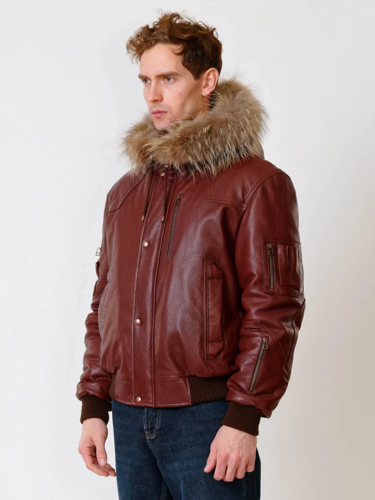 Кожаная мужская куртка аляска утепленная с мехом енота 509, виски, размер 48, артикул 40190-1