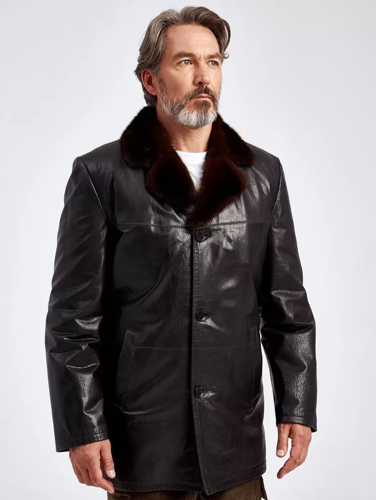 Кожаная куртка премиум класса мужская 5450, на подстежке из овчины, с воротником меха енота, коричневая, p. 46, арт. 40640-0