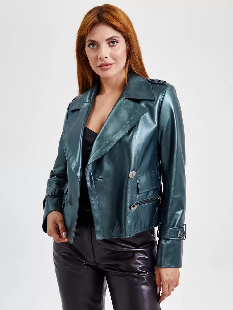 Кожаный комплект: Куртка женская 3014 + Брюки женские 03, изумрудный/черный, р. 46, арт. 111182-3
