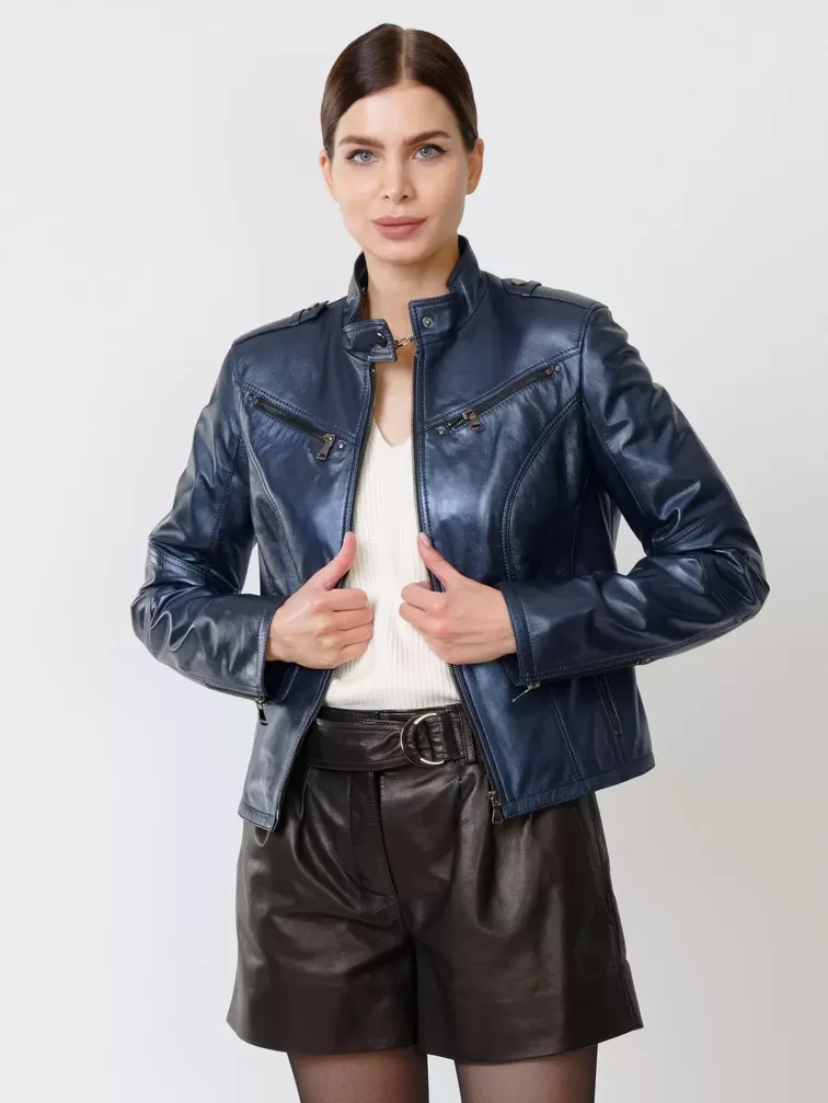 Кожаный комплект женский: Куртка 399 + Шорты 01, синий перламутр/черный, р. 44, арт. 111206-2