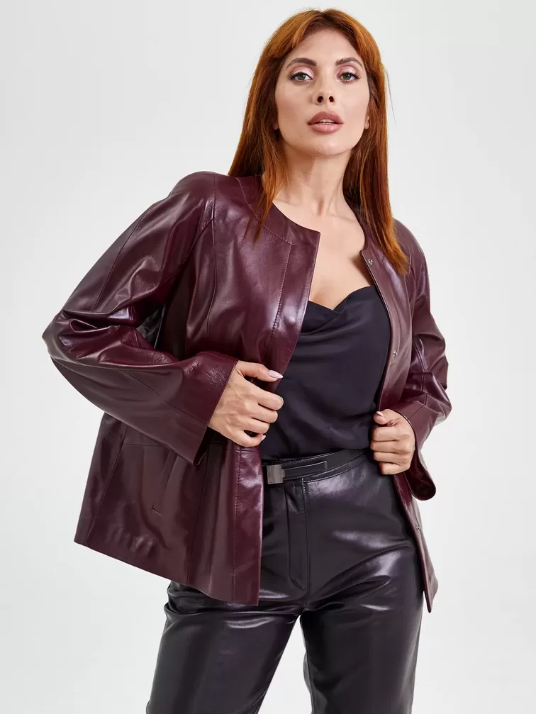 Кожаный комплект женский: Куртка 3019 + Брюки 04, бордовый/черный, р. 48, арт. 111171-4