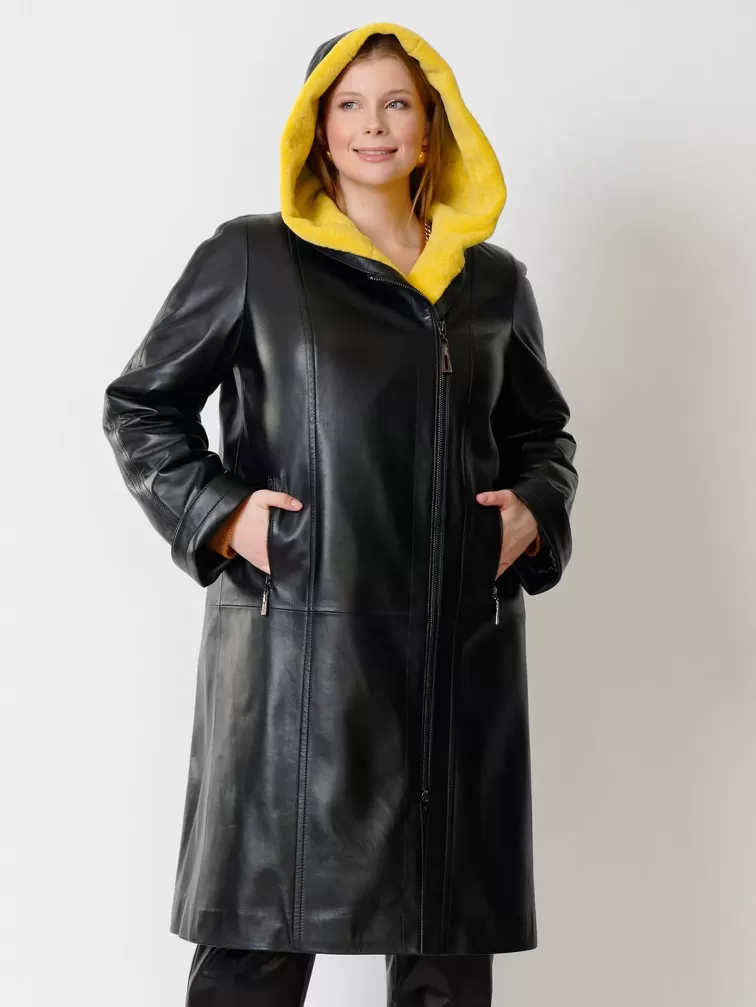 Кожаный утепленный плащ женский 3011, с капюшоном, черный, р. 50, арт. 91490-4