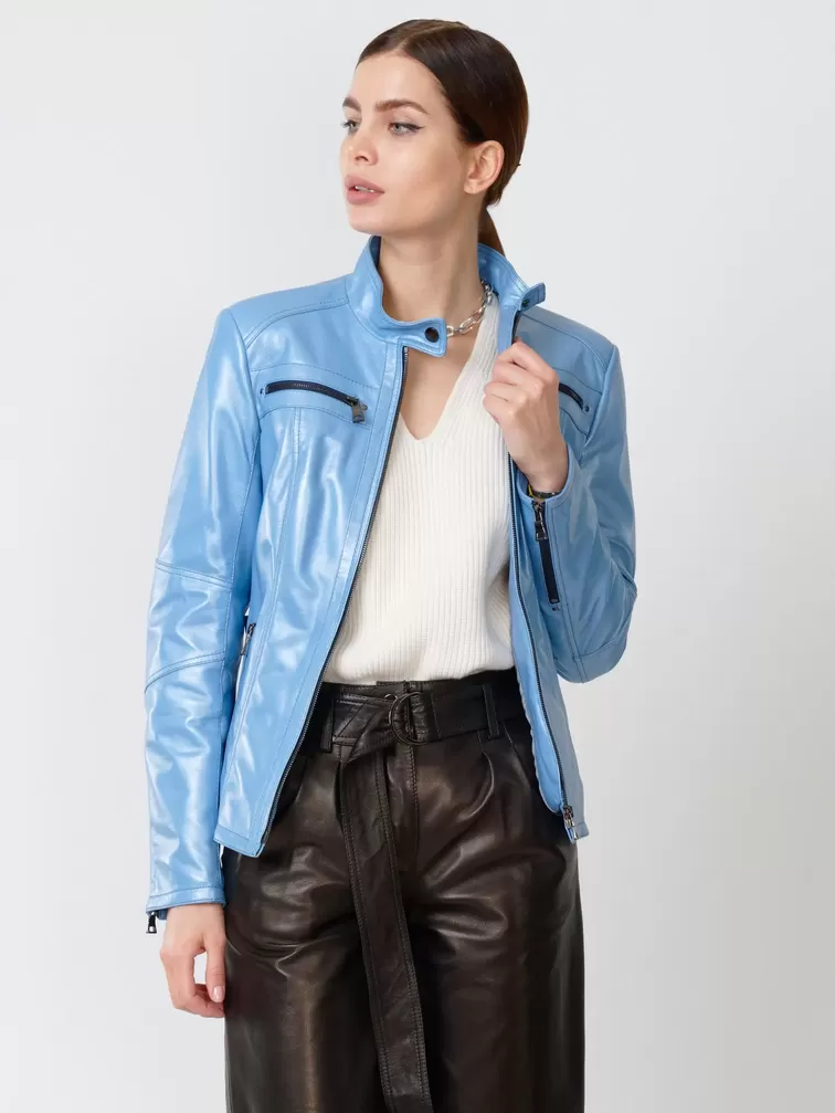 Кожаный комплект женский: Куртка 301 + Брюки 05, голубой перламутр/черный, р. 44, арт. 111167-5