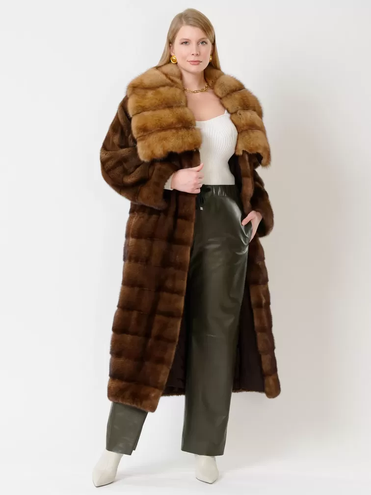 Пальто из меха норки с соболем женское 1150в, длинное, коричневое, арт. 32750-1