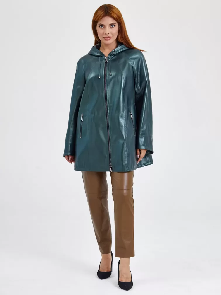 Кожаная куртка женская 383, с капюшоном, зеленая, р. 54, арт. 91780-5