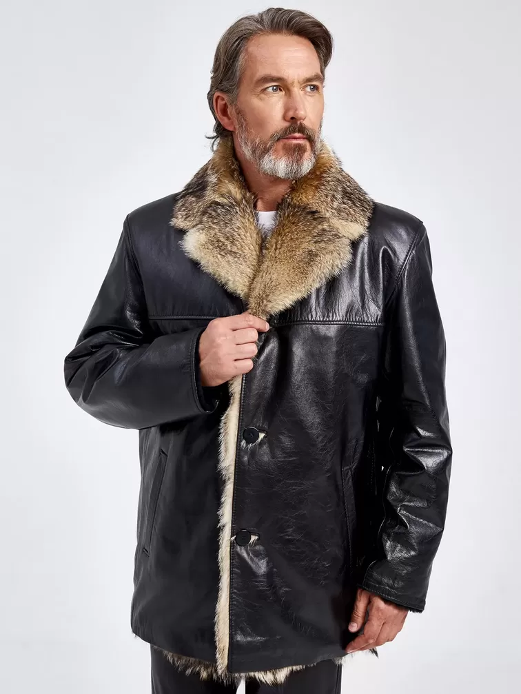 Кожаная куртка зимняя мужская Делон 1, на подкладке из меха лисицы, черная, p. 52, арт. 40770-0