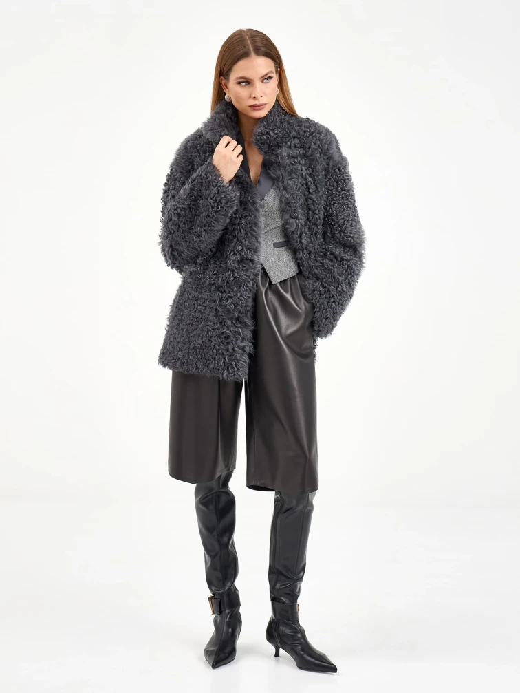 Короткая женская дубленка из тиградо 2072, серая, размер 44, артикул 65050-6