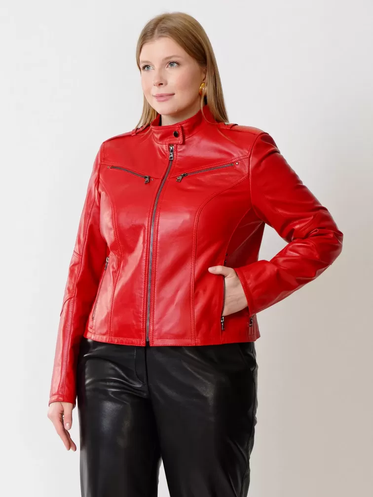 Кожаный комплект: Куртка женская 399 + Брюки женские 04, красный/черный, р. 46, арт. 111229-5