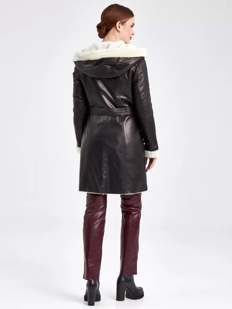 Кожаное пальто зимнее женское 390мех, с капюшоном, черное - белое, р. 50, арт. 91810-2