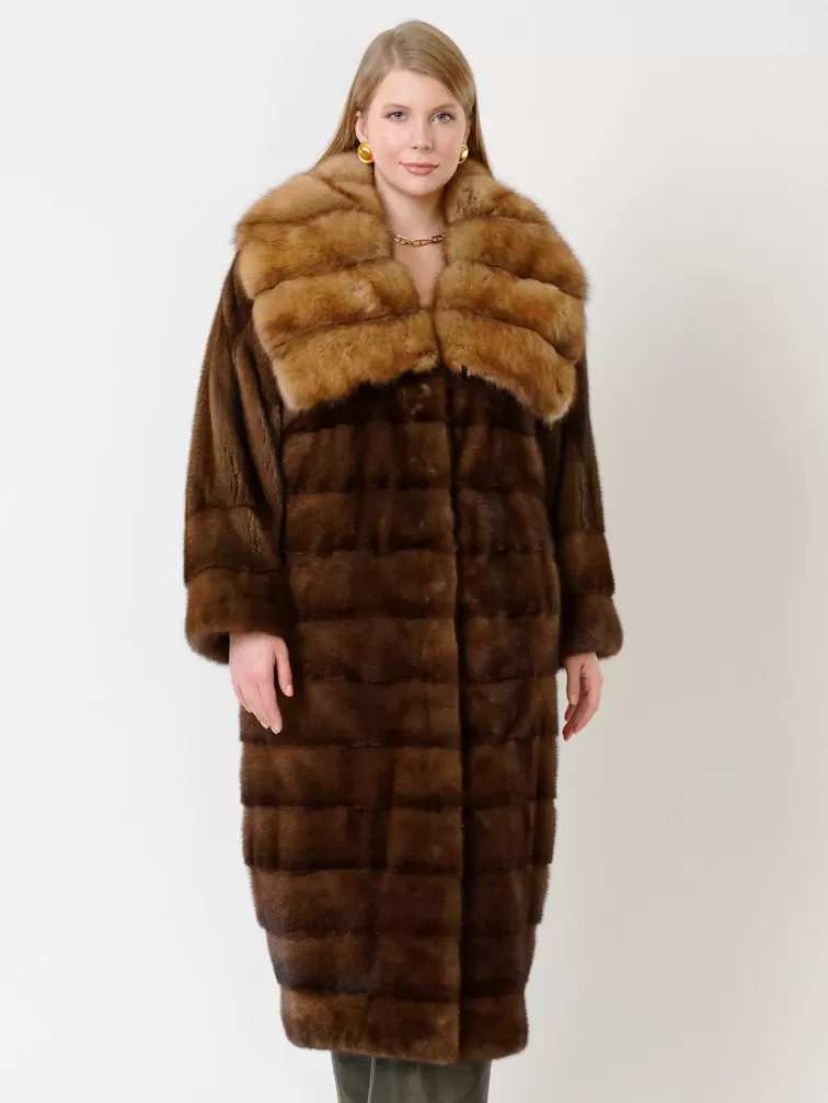 Демисезонный комплект женский: Пальто из меха норки с соболем 1150в + Брюки 06, коричневый/оливковый, р. 52, арт. 111225-3
