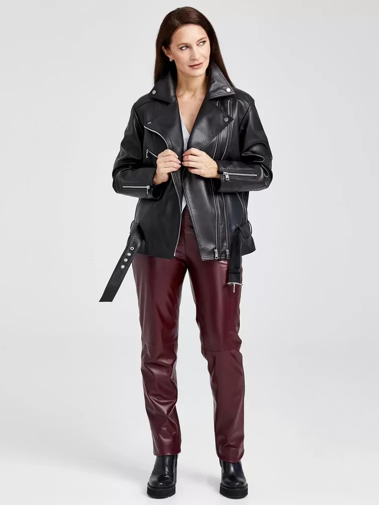 Кожаный комплект женский: Куртка 3013 + Брюки 02, черный/бордовый, р. 46, арт. 111147-0