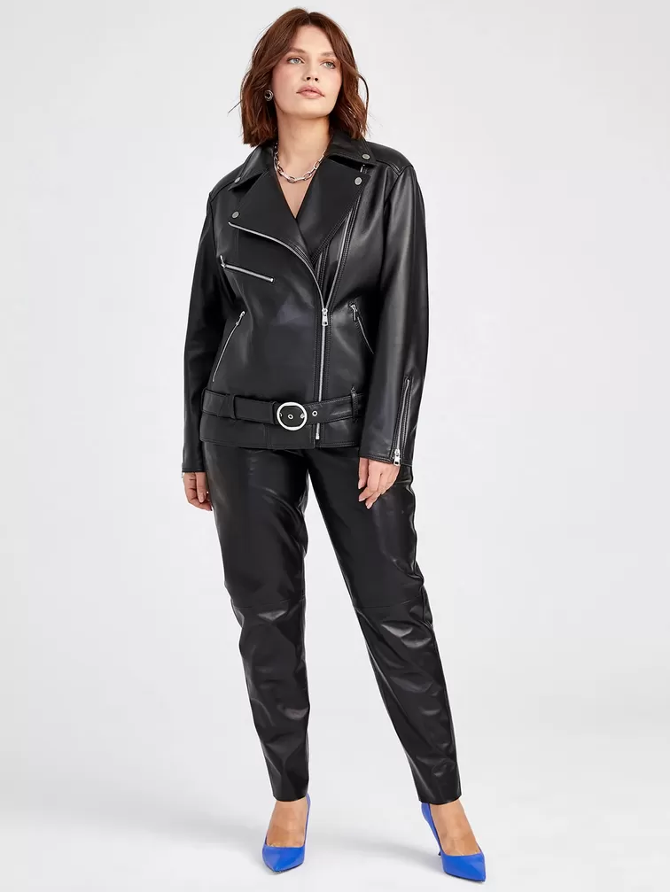 Кожаный комплект: Куртка женская 3013 + Брюки женские 02, черный/бордовый, р. 46, арт. 111146-1