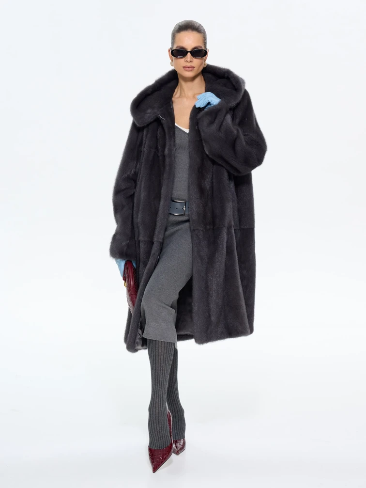 Длинная женcкая шуба с капюшоном Классика-687, графитовая, размер 62, артикул 65440-0
