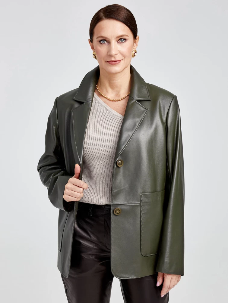 Кожаный пиджак женский 3016, оливковый, размер 54, артикул 91630-0