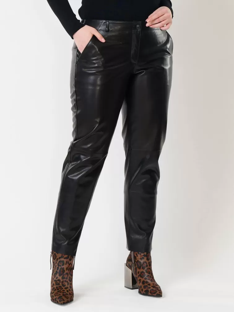 Кожаные зауженные брюки женские 03, из натуральной кожи, черные, р. 40, арт. 85501-6
